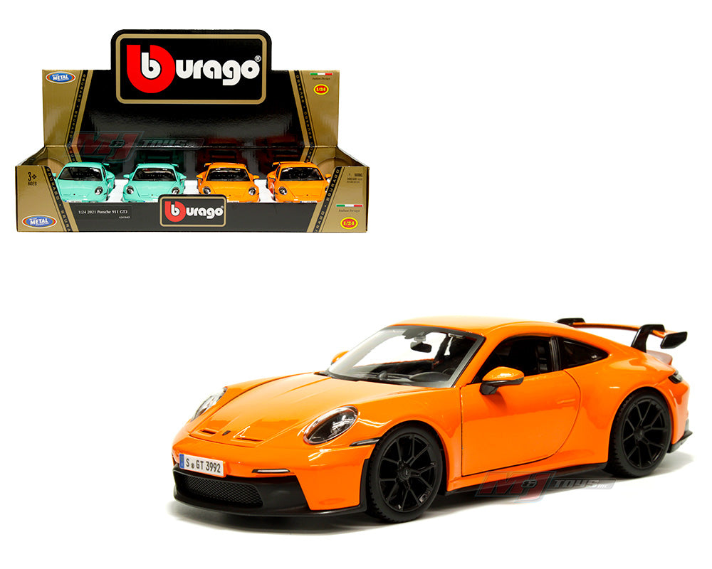 Bburago 1:24 2021 Porsche 911 GT3 – Green, Orange  Display Tray Set of 4 Diecast