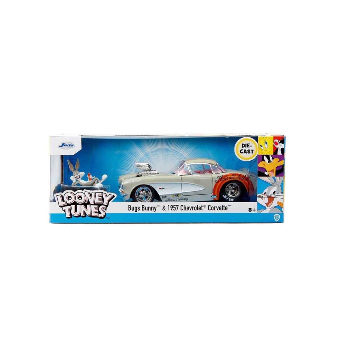 JADA 1:24 LOONEY TUNES 1957 CHEVROLET CORVETTE  with BUGS BUNNY FIGURE GREY 32390