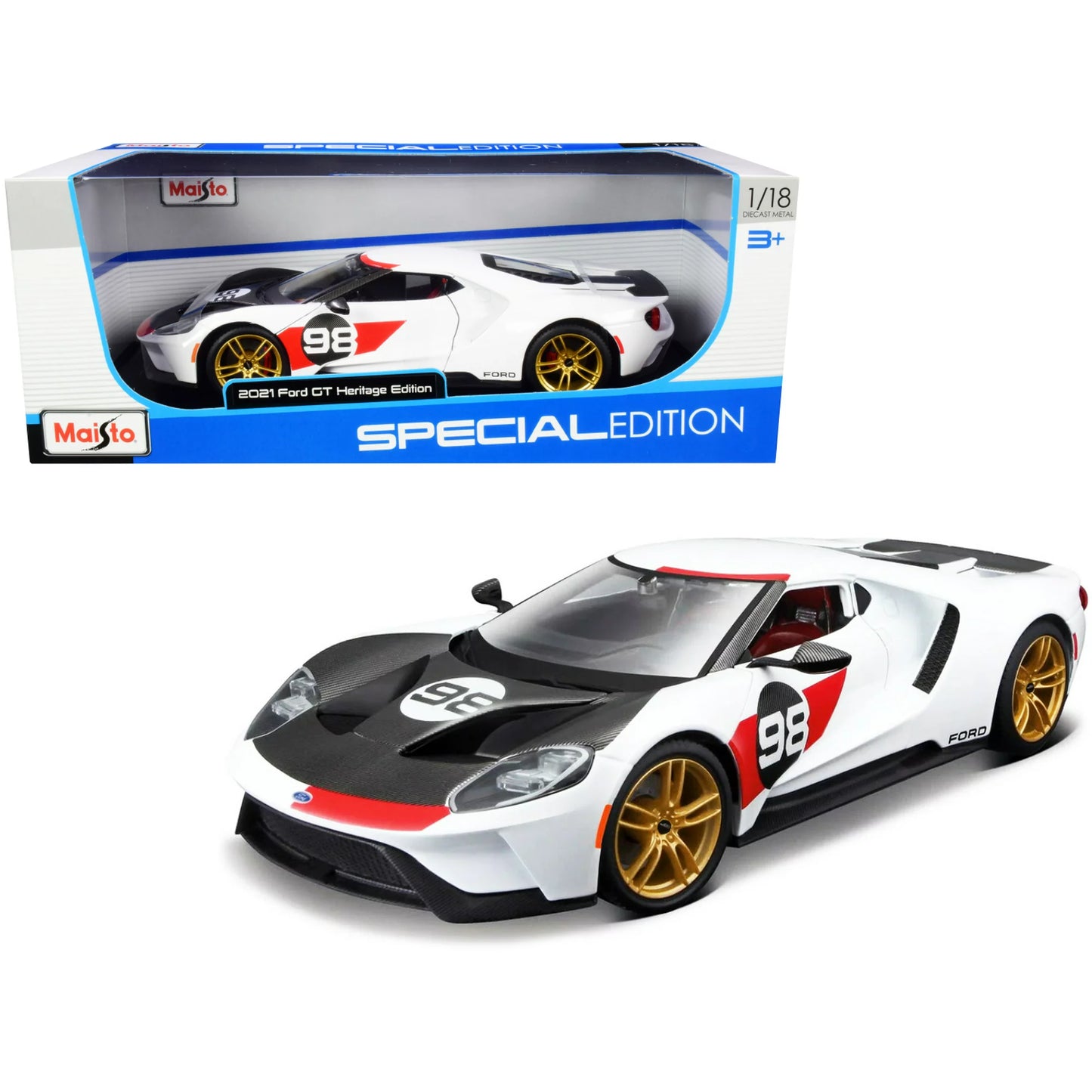 Maisto 1:18 2021 Ford GT #98 White "Heritage Edition" Diecast