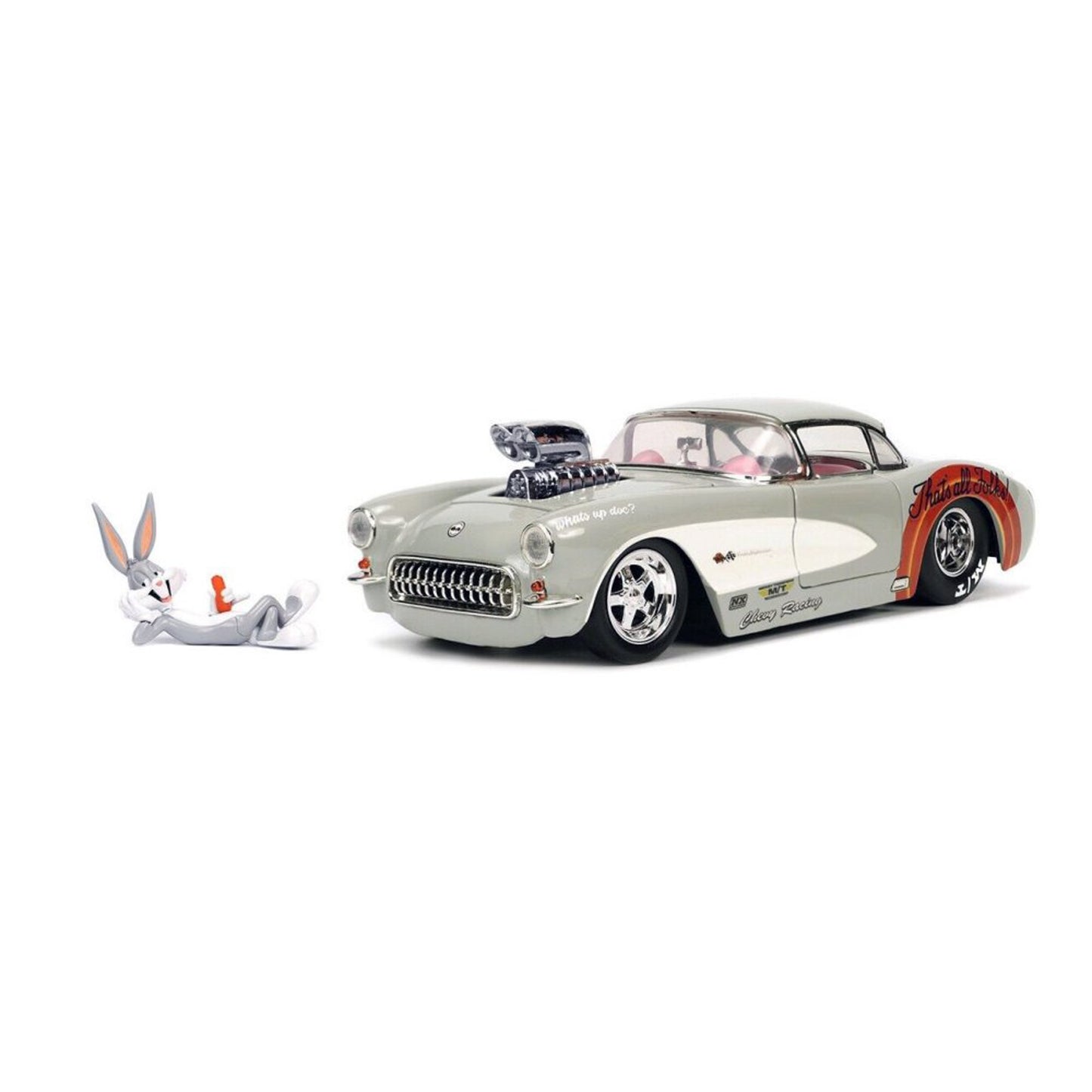 JADA 1:24 LOONEY TUNES 1957 CHEVROLET CORVETTE  with BUGS BUNNY FIGURE GREY 32390