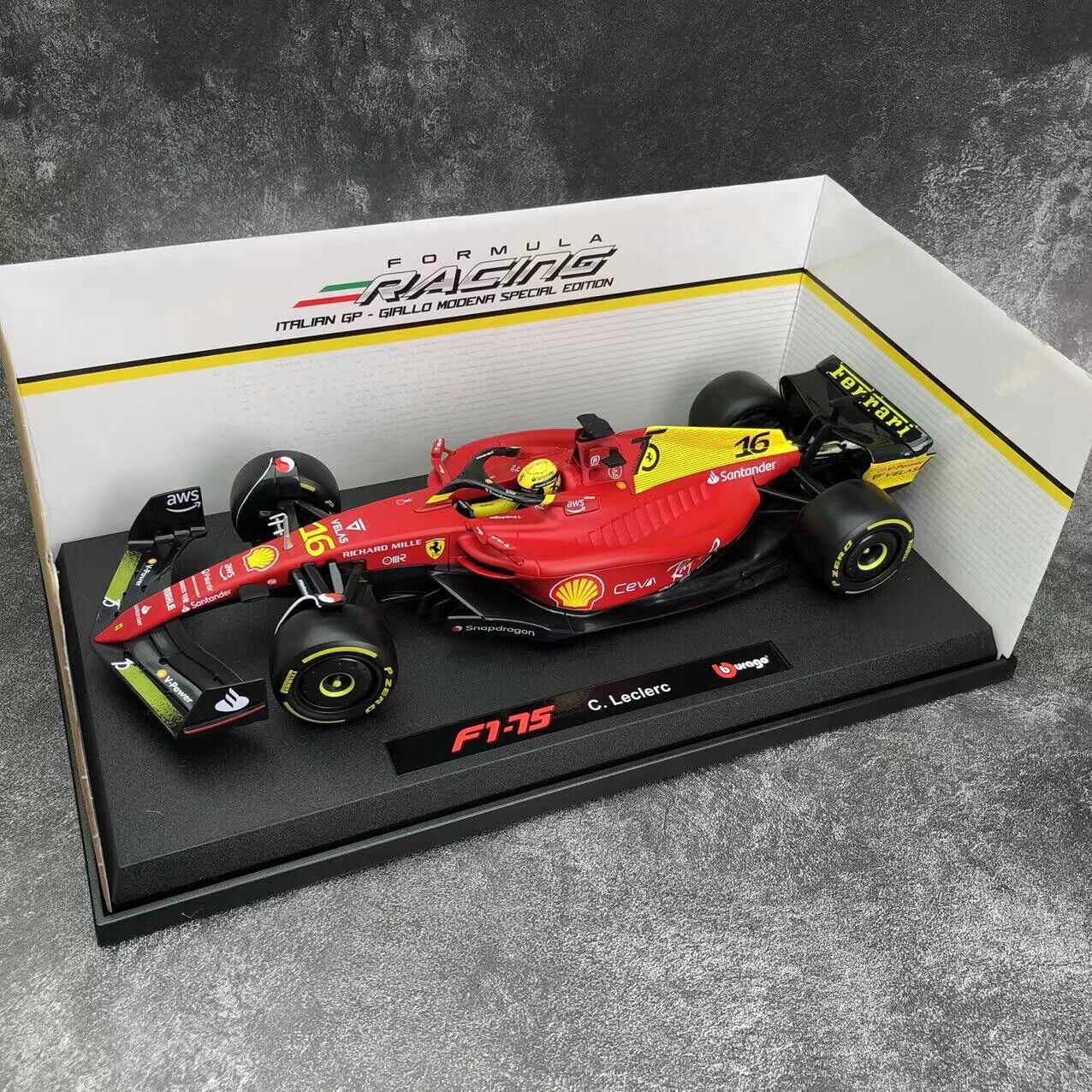 Bburago 1:18 Ferrari F1-75 Forumula One car model GP Monza 2022 #16 C. Leclerc