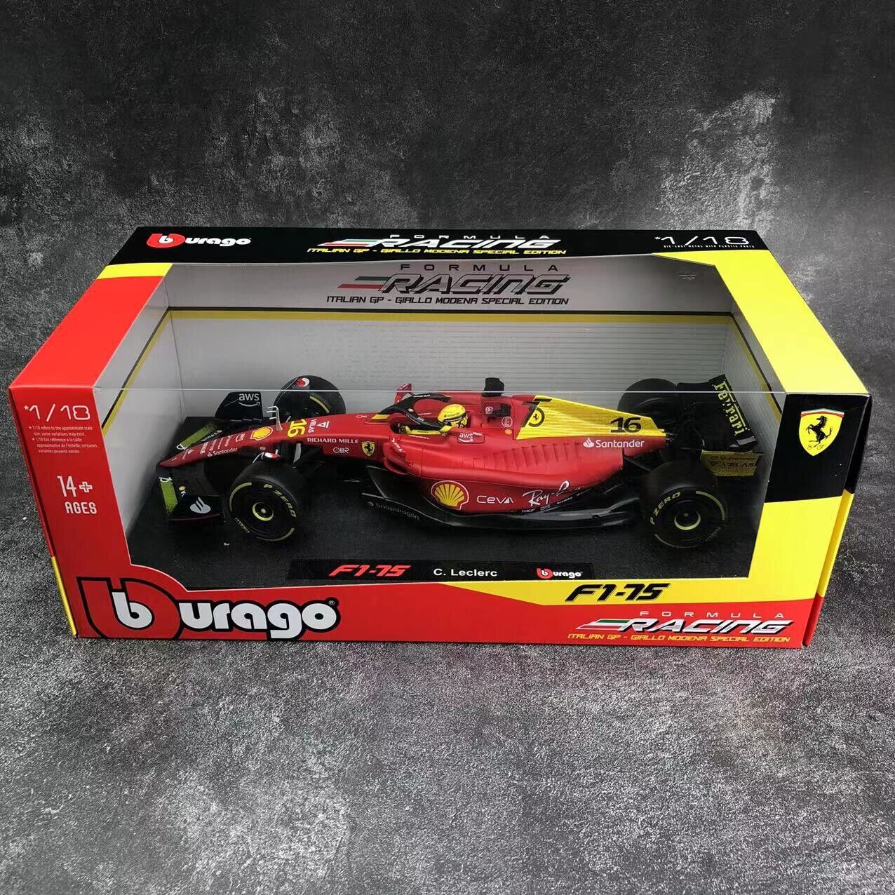 Bburago 1:18 Ferrari F1-75 Forumula One car model GP Monza 2022 #16 C. Leclerc