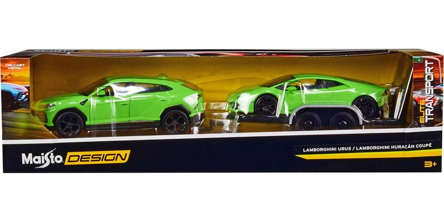 Lamborghini Urus Green, Lamborghini Huracan Coupe Green and Trailer 1:24 Maisto